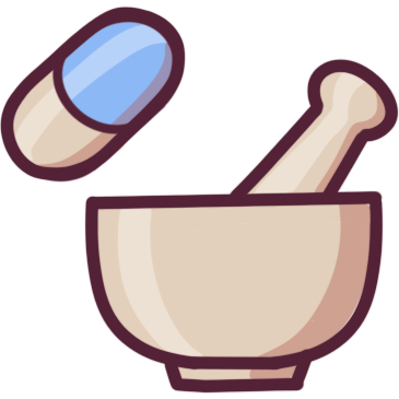 a mortar and pestle, and a capsule pill